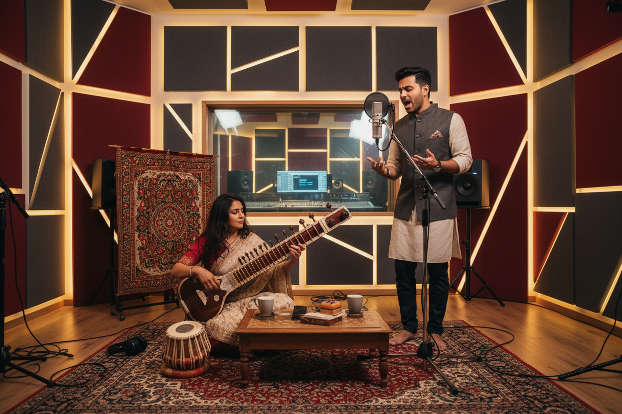 A music studio in which an indian sitar player is playing her sitar and there is an indian male singer singing on the mic