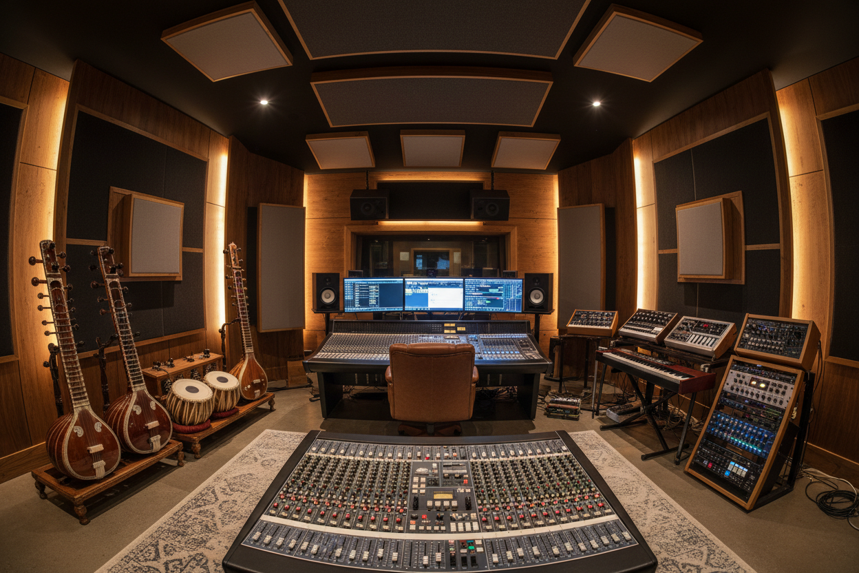 Image of a music studio with a lot of Indian classical instruments and synths lined up next to drum machines and a big SSL Console. 