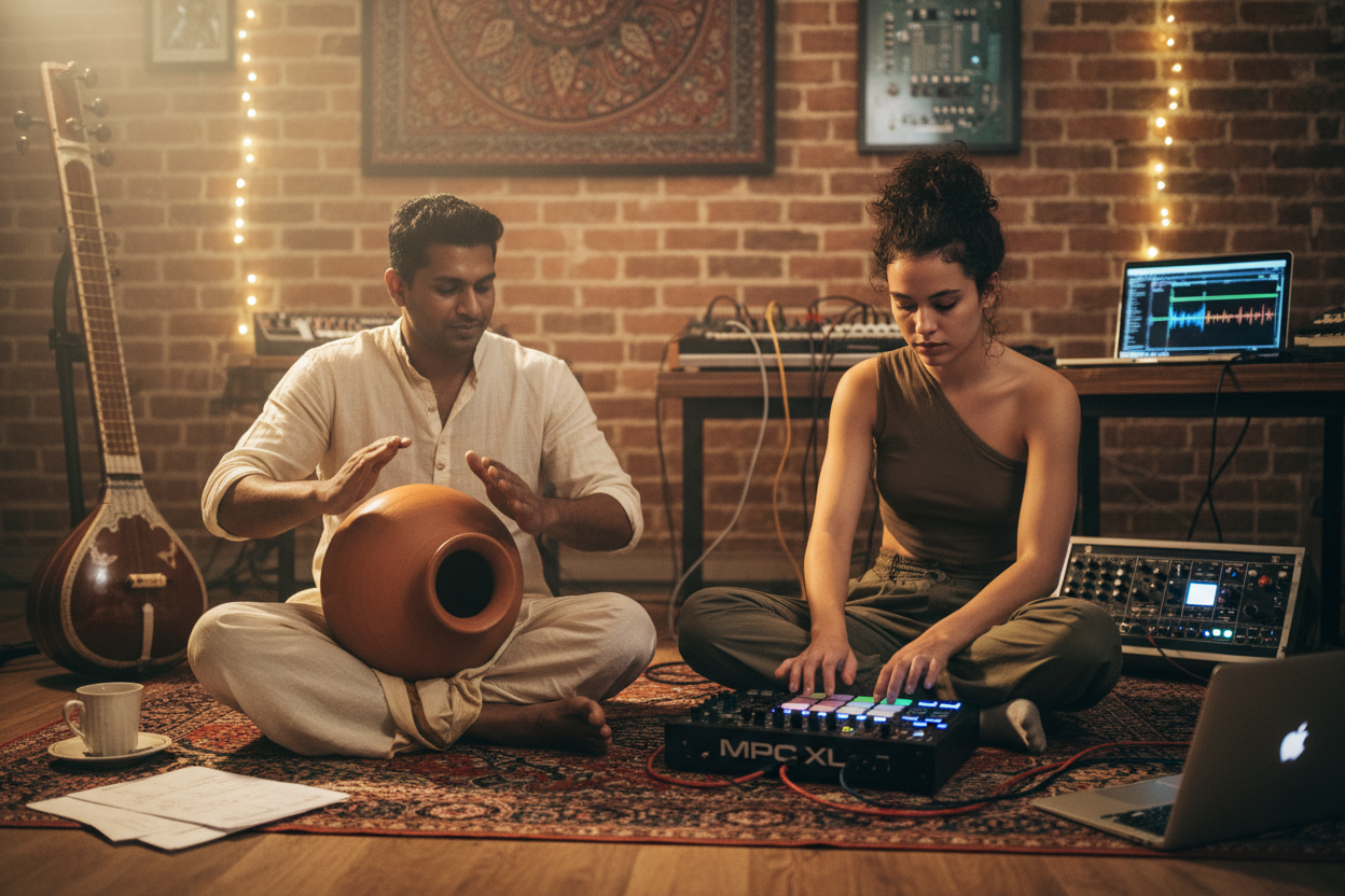 Indian Ghatam player and American electronic producer collaborating
